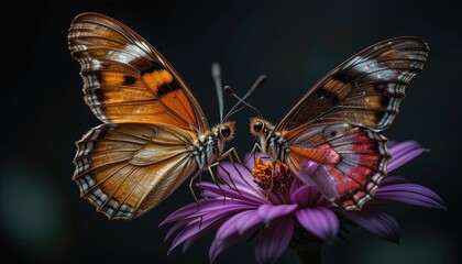 Two butterflies rest on a purple flower.