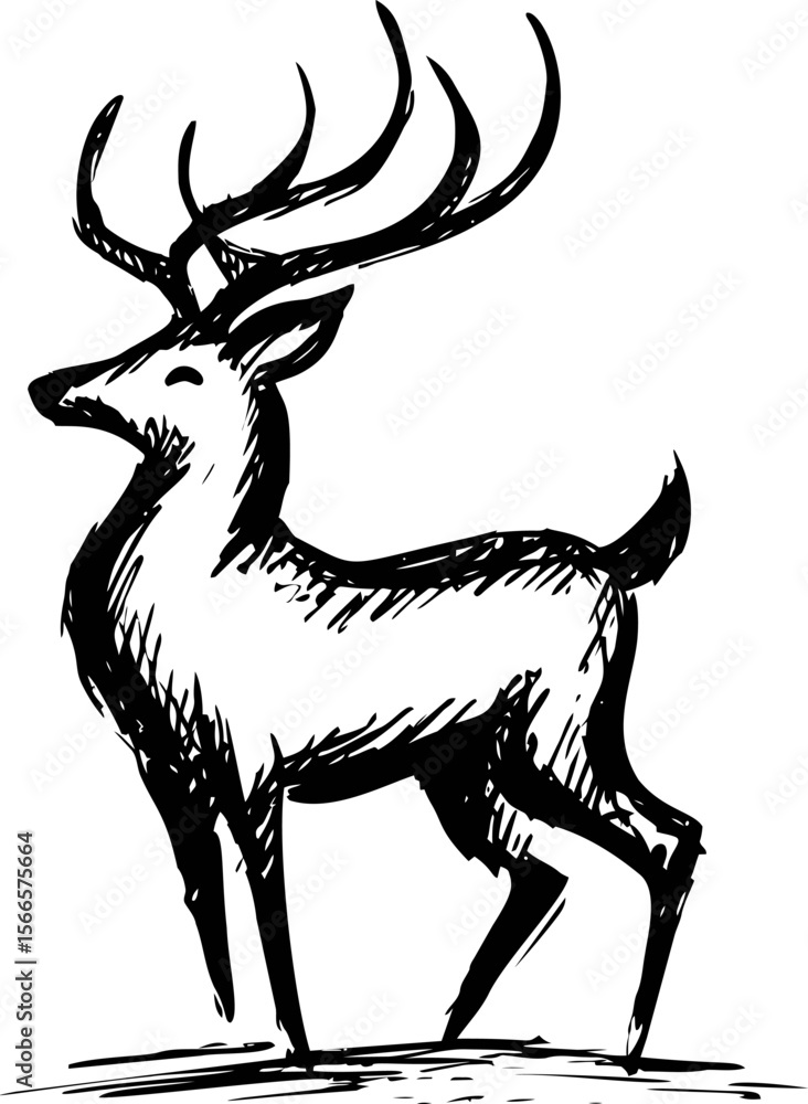Poster black and white sketch of deer with antlers in profile view