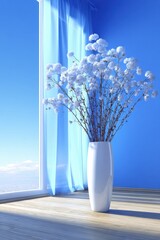 A White Vase of Snow-White Flowers on a Blue Window Sill