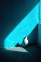 A solitary vase stands in quiet contemplation under the dramatic play of light and shadow