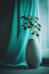 A solitary plant basks in the soft glow of a blue curtain, embodying serenity and elegance