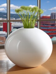 A Spherical White Planter Blooms with Green Ferns on a Window Sill, Overlooking a Cityscape