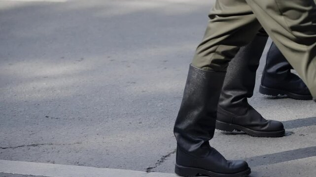 Close-up view of individuals in uniformed attire marching in synchronized steps on an outdoor paved surface, focusing on black boots and coordinated movement.