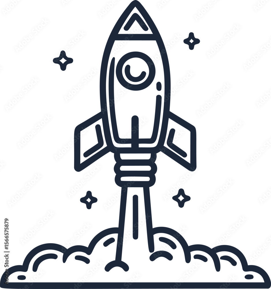 Poster Rocket icon launching with stars and clouds in line art style