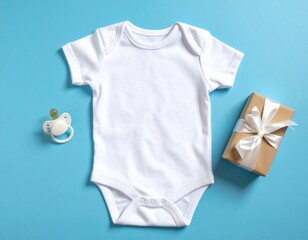 Mockaup Body de bebé con regalo y chupete sobre fondo azul
