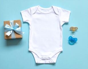 Mockaup Body de bebé con regalo y chupete sobre fondo azul