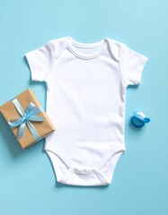 Mockaup Body de bebé con regalo y chupete sobre fondo azul