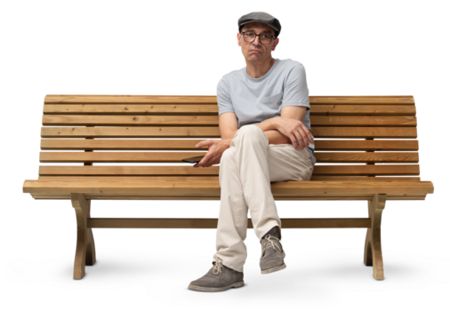 Bored mature man in his 50s sitting on a wooden bench and using a smartphone while looking at the camera. Studio shot, isolated on white background. Casual clothing, wearing reading glasses and a hat