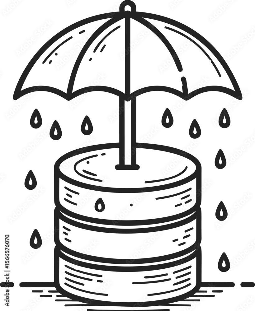 Poster Database icon protected by umbrella with raindrops, concept of data security