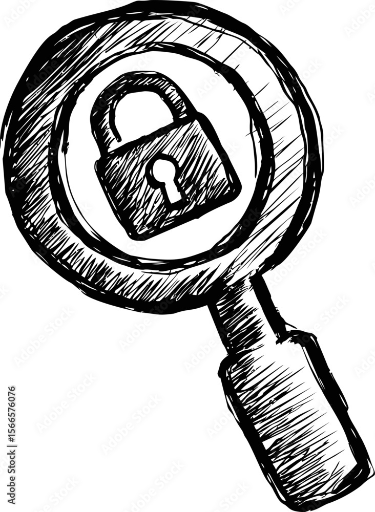 Poster Sketch of a magnifying glass with a padlock inside, concept of security