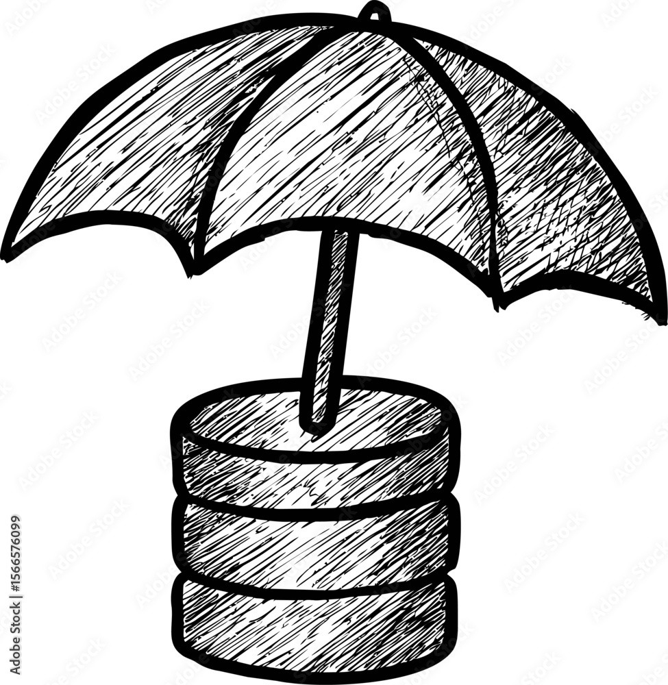 Poster sketch of a database symbol with a protective umbrella illustration concept