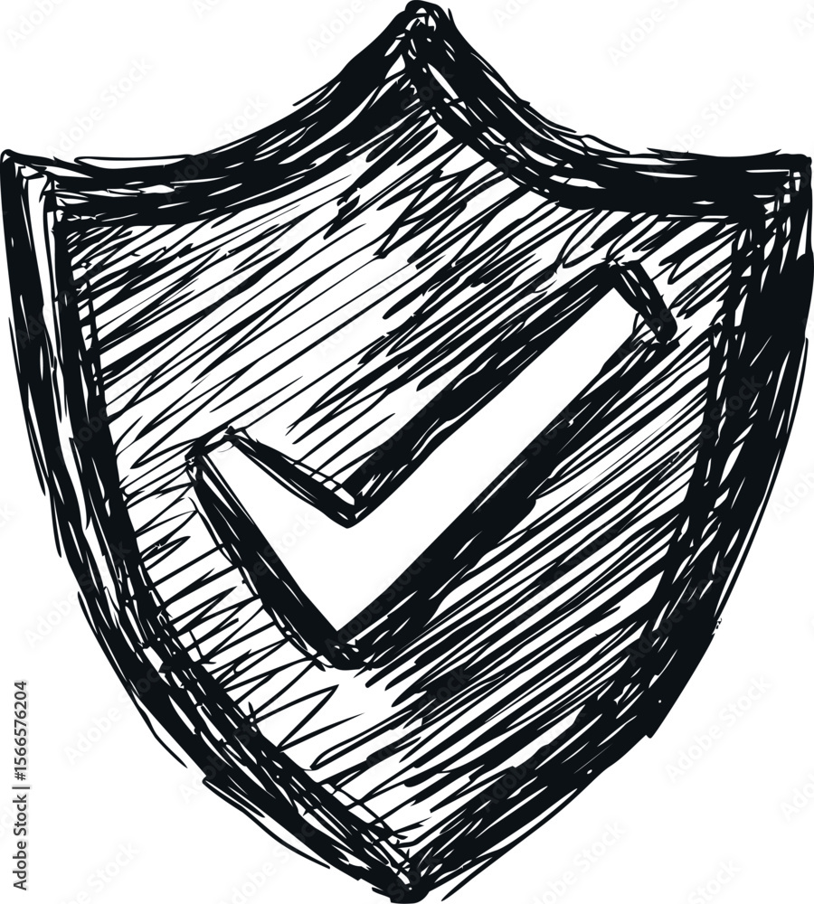 Poster Shield with a check mark symbol in hand-drawn sketch style illustration