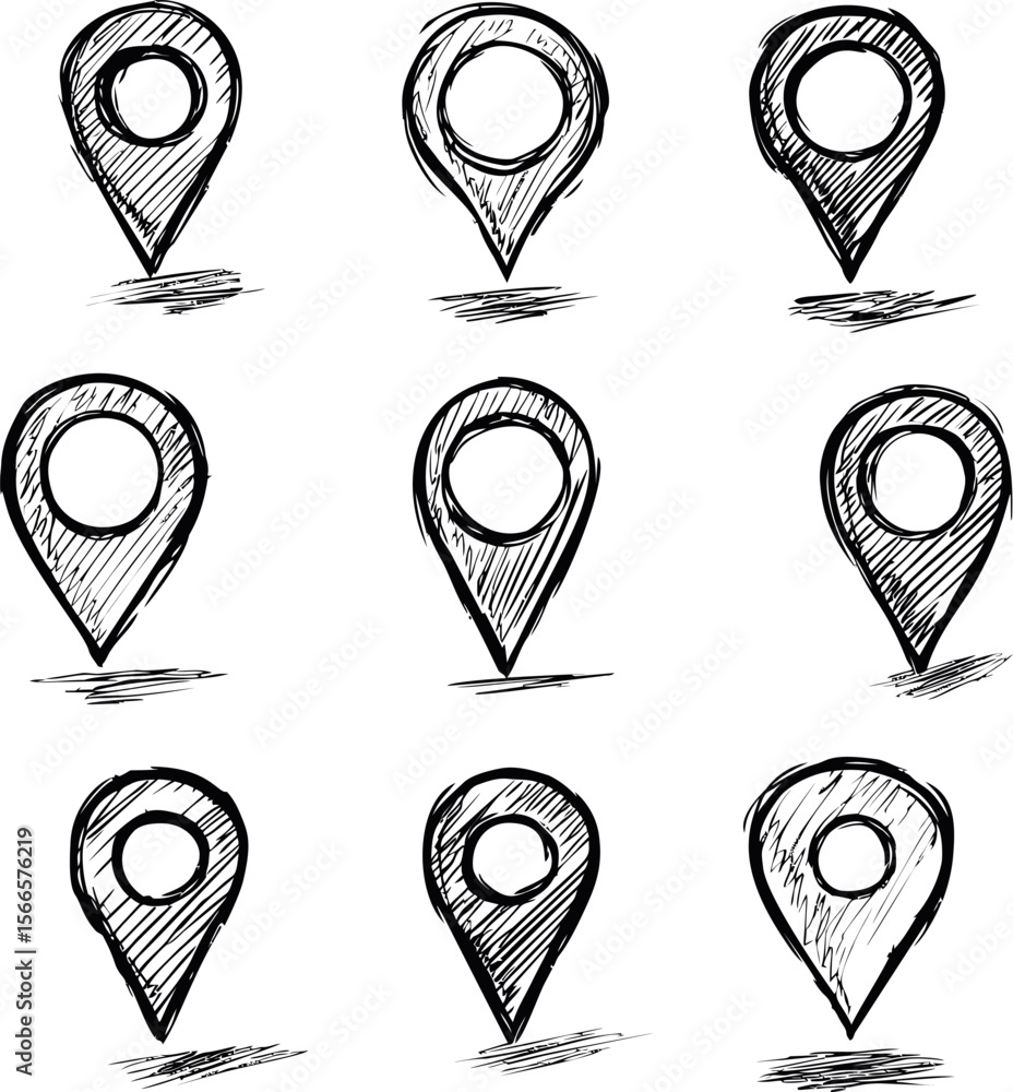 Poster Hand-drawn location pins in black sketchy style arranged in grid pattern