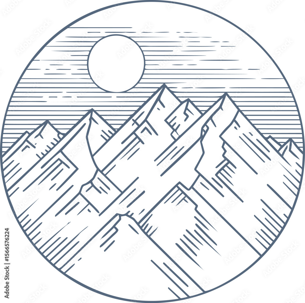 Poster minimalist line drawing of mountains with a sun and sky in circular frame