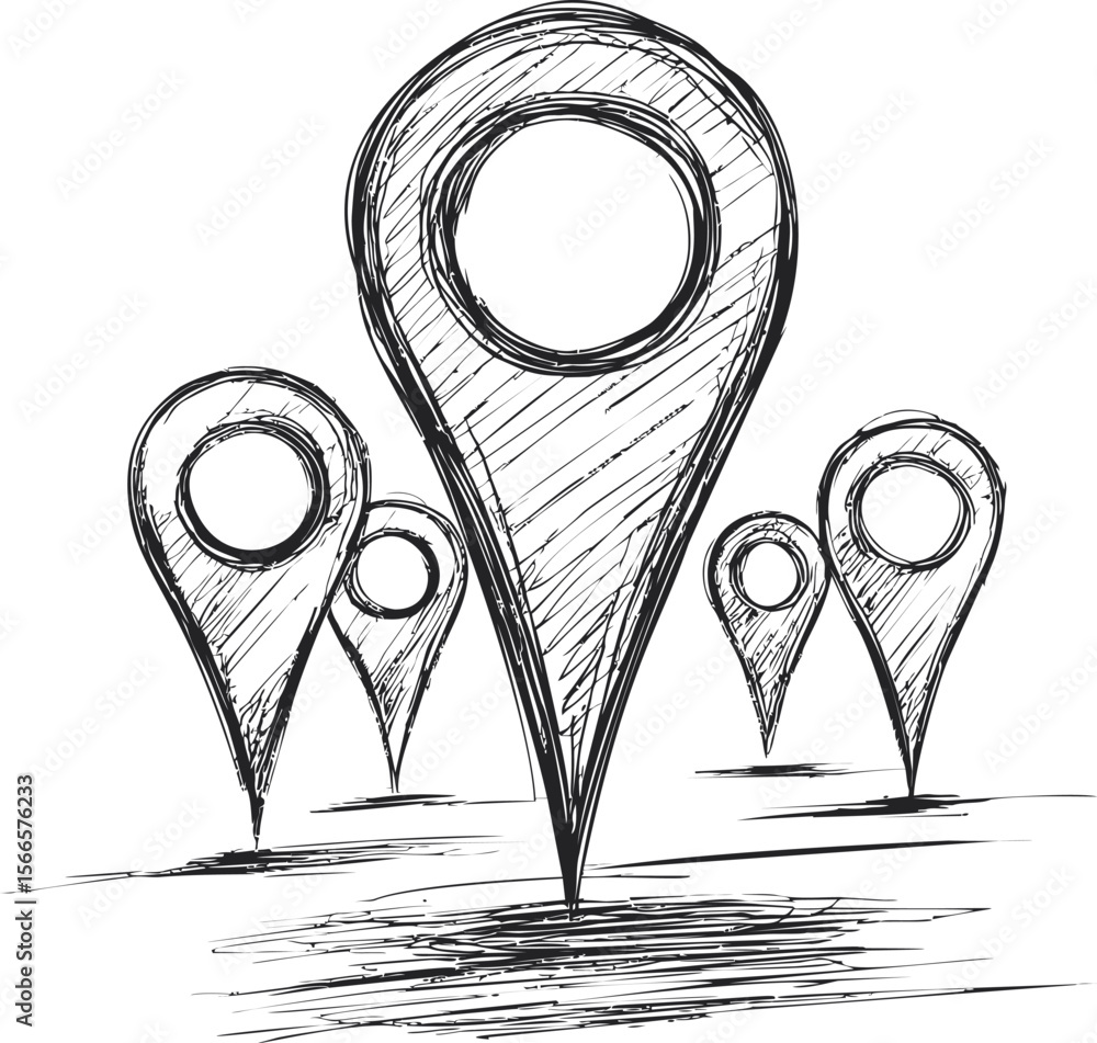 Poster hand-drawn location markers sketched in black and white on a blank background