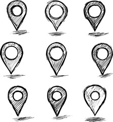 Hand-drawn location pins in black sketchy style arranged in grid pattern