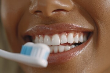 Fototapeta premium A Close-Up of a Smiling Woman Brushing Her Teeth