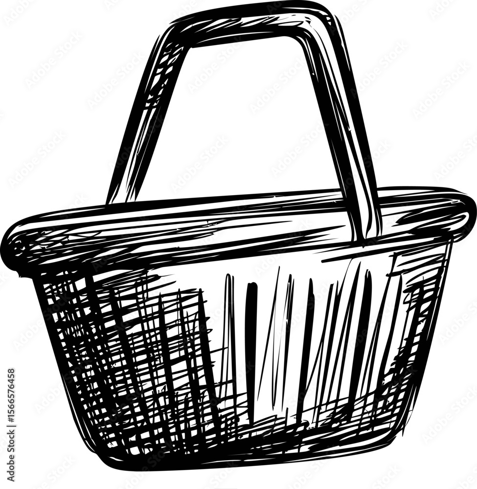 Poster sketch of a classic picnic basket with a long handle in black and white