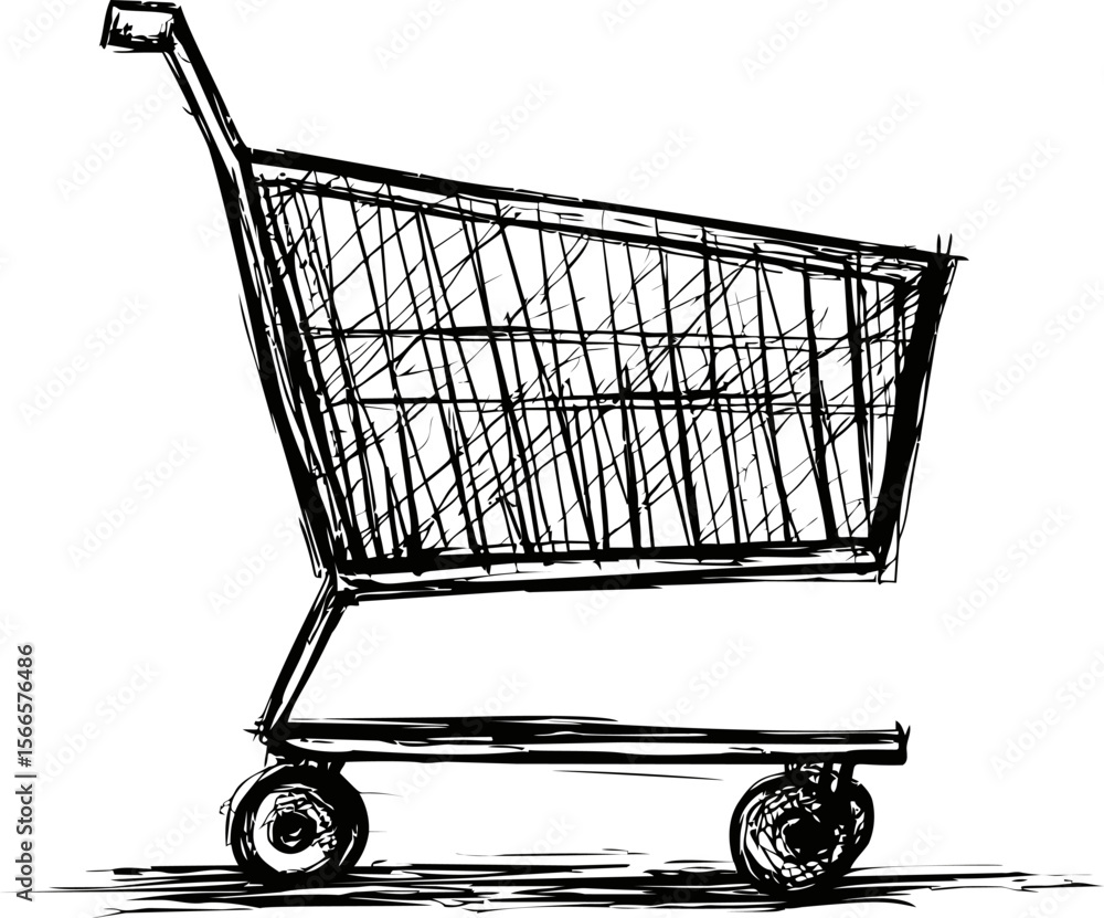 Poster black and white sketch of an empty shopping cart with scribbled lines