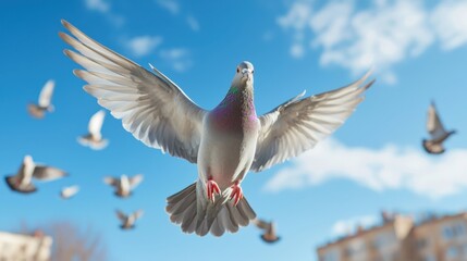 Fototapeta premium Majestic Pigeon in Flight Against a Clear Blue Sky with Fluffy Clouds, Surrounded by Fellow Birds in a Dynamic Urban Setting