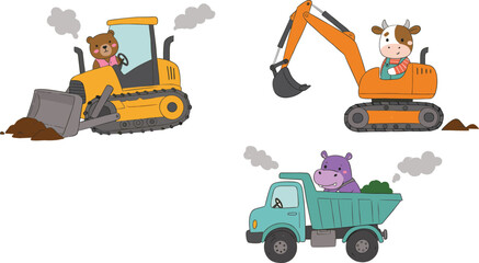 Cute cartoon animals driving construction vehicles, bear bulldozer, cow excavator, hippo dump truck, playful machinery illustration, kids transport vector set flat vector illustration