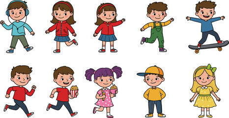 Cartoon children characters collection, happy boys and girls, playful kids, colorful clothes, snack time, outdoor fun, isolated vector design flat vector illustration
