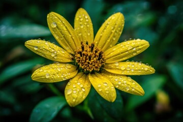 A Close-Up of a Yellow Dew-Kissed Flower in Full Bloom