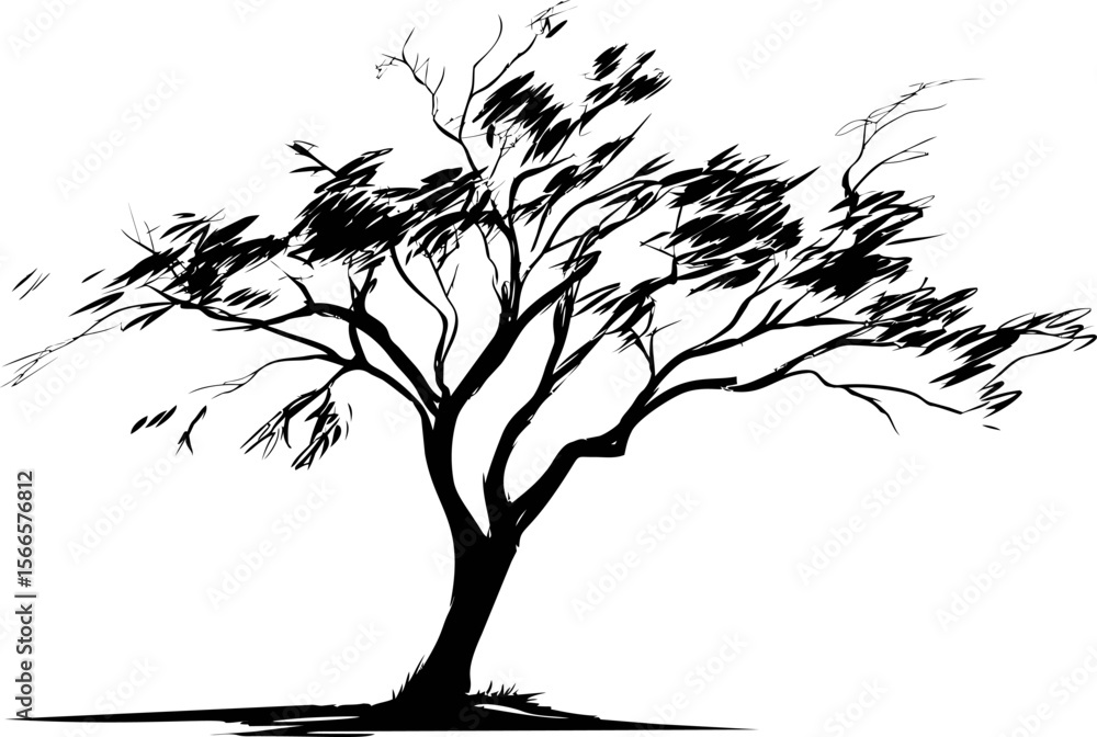 Poster silhouette of a leafless tree blowing in the wind against