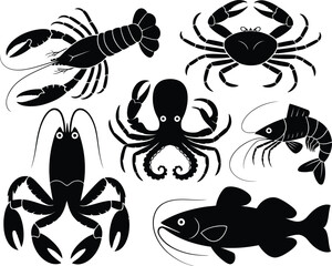 Black and white illustration featuring a grid of marine life silhouettes.