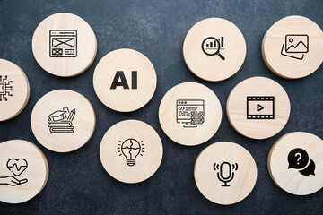 Wooden blocks with icons showing AI applications: web design, analytics, image generation, coding,...