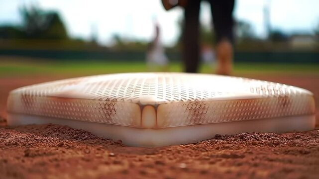 Close up shot showcasing the first base on a baseball field, preparing for exciting sports action
