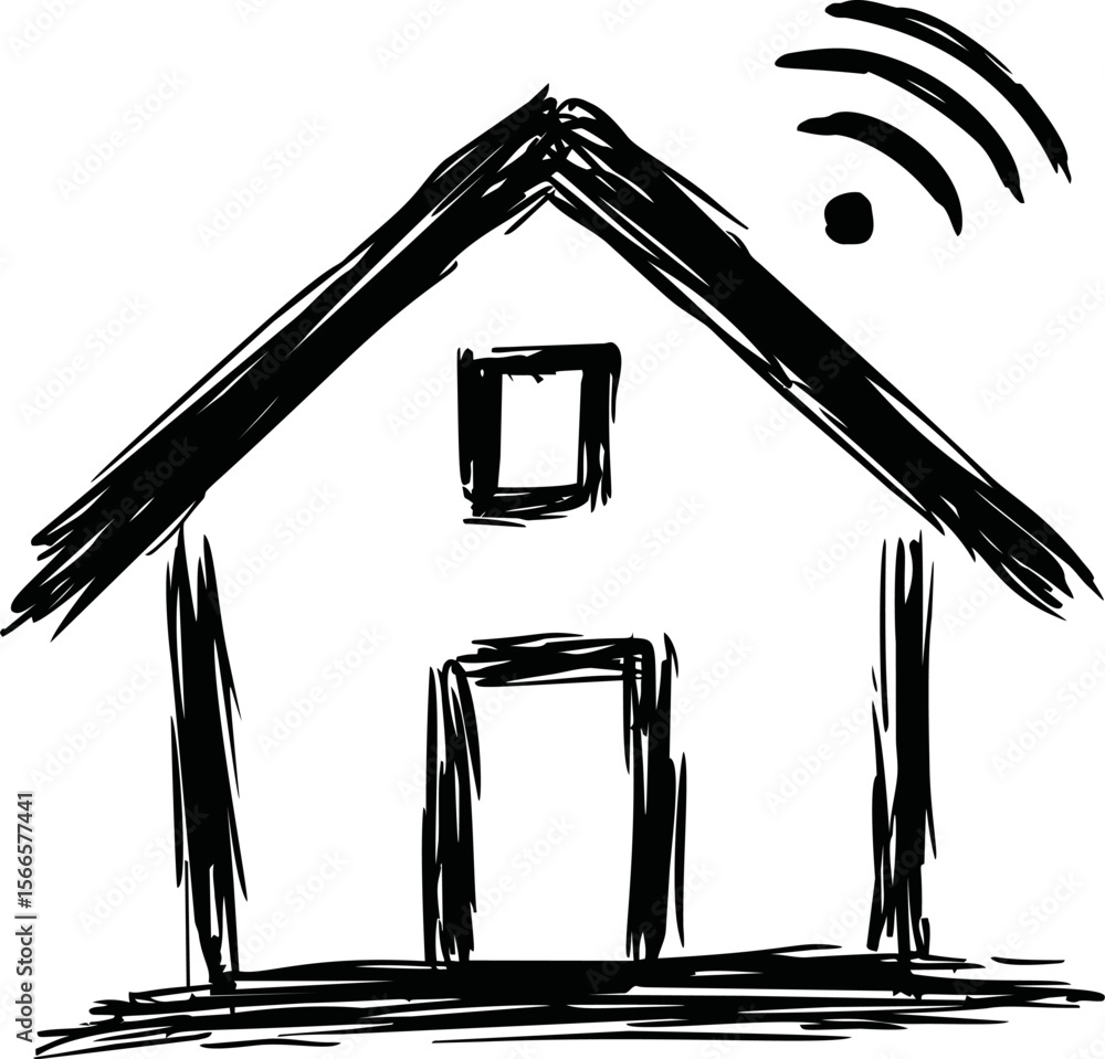 Poster simple black line drawing of a house with wifi symbol overhead