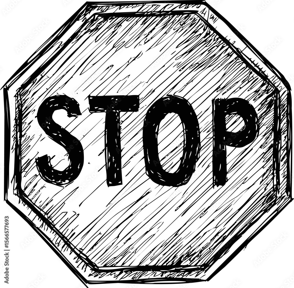 Poster black and white sketch of an octagonal stop sign with shading details
