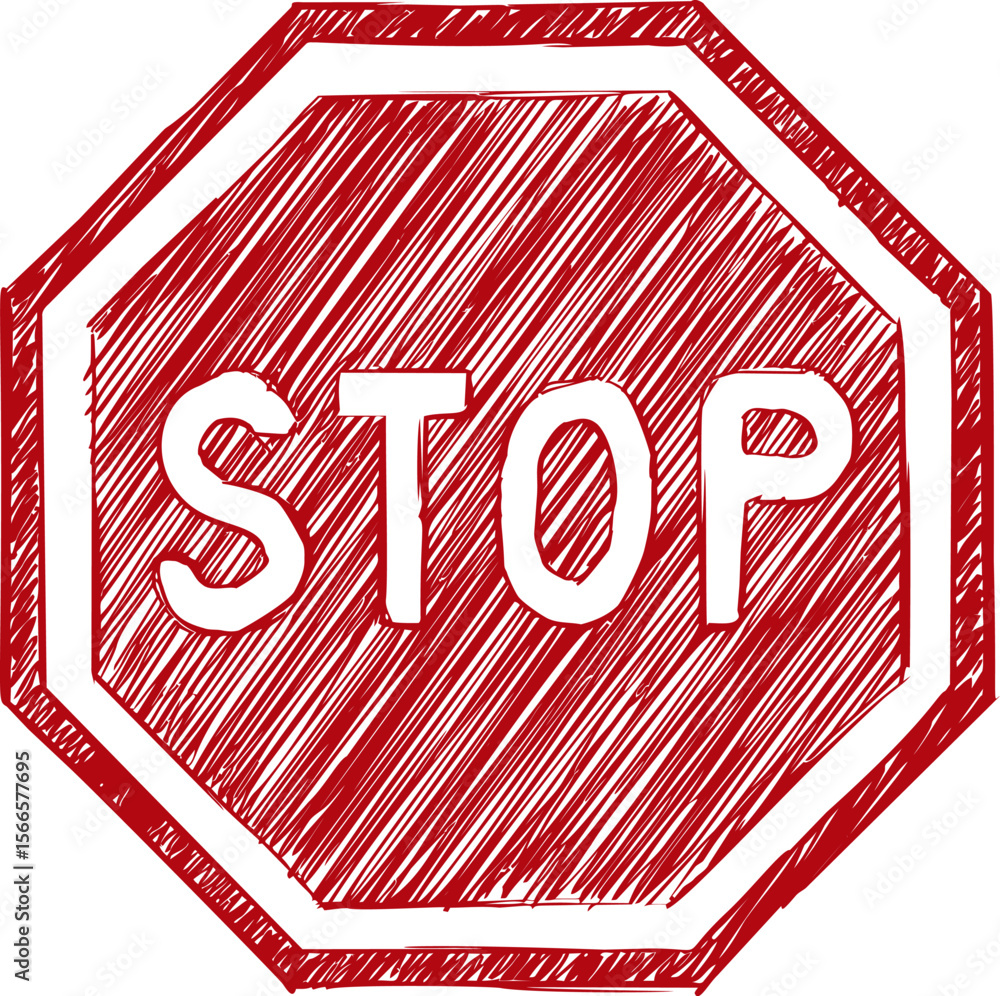 Poster Red sketch-style octagonal stop sign drawing with cross-hatch pattern