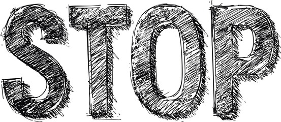 Sketchy black and white illustration of the word STOP in bold letters
