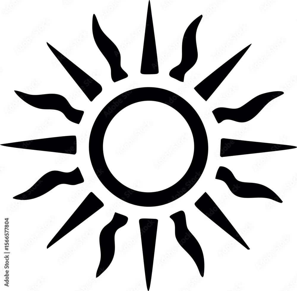 Poster Black sun symbol with wavy and angular rays in circular design concept