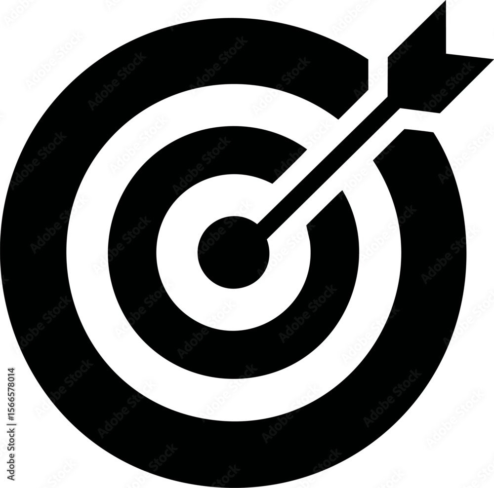 Poster black and white target with an arrow hitting bullseye, concept of precision