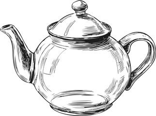 Detailed sketch of a glass teapot with lid and handle, vintage style drawing