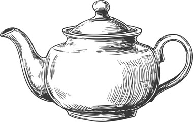 Vintage line drawing of a teapot with intricate details and classic design