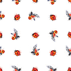 Seamless pattern with red ladybugs, watercolor painted design for fabrics