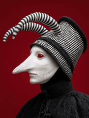 Surreal character with striped horns and red eyes