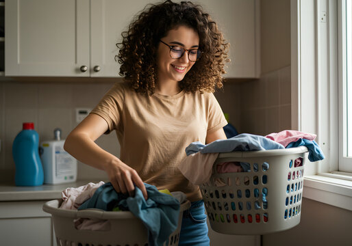 Smiling woman sorting laundry in her kitchen, preparing clothes for washing.