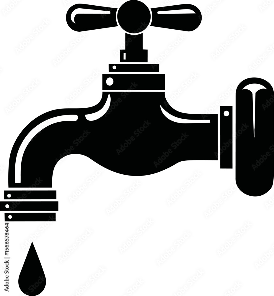 Poster black silhouette of dripping faucet with a single water drop in vector art