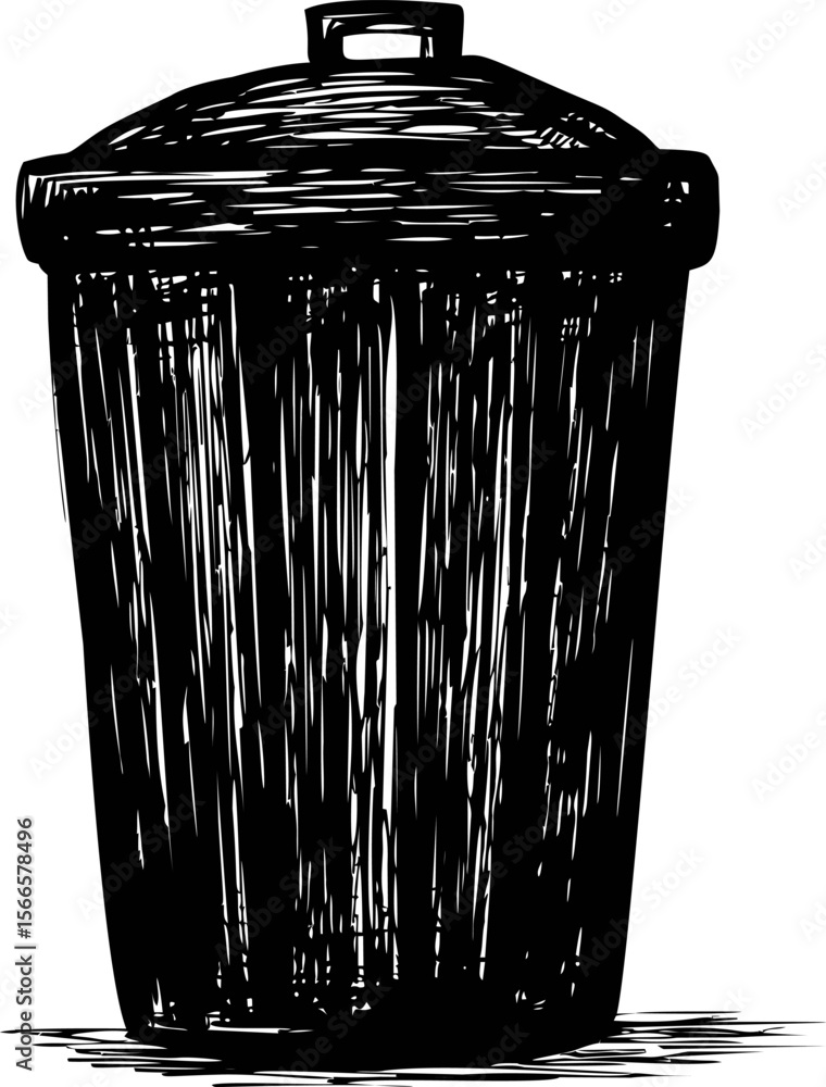 Poster black and white illustration of a trash can with a lid against