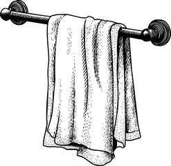 Illustration of a textured towel hanging on a rod in black and white sketch