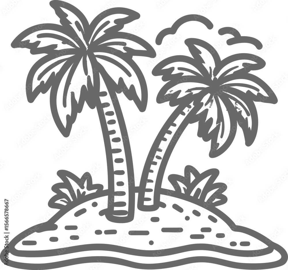 Poster two palm trees on a small island with clouds in the background, black and white sketch