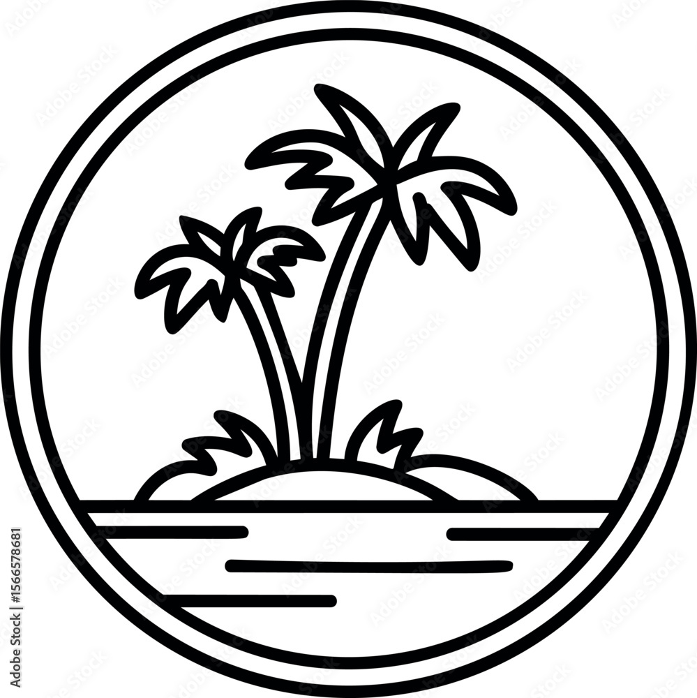 Poster Simple line drawing of a tropical island with palm trees in a circle
