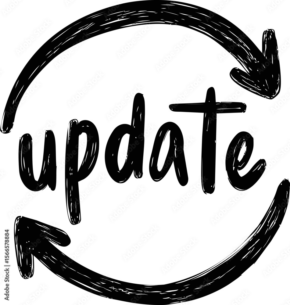 Poster update symbol with black arrows circling handwritten style text