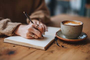 Writing in a notebook at a caf&eacute;