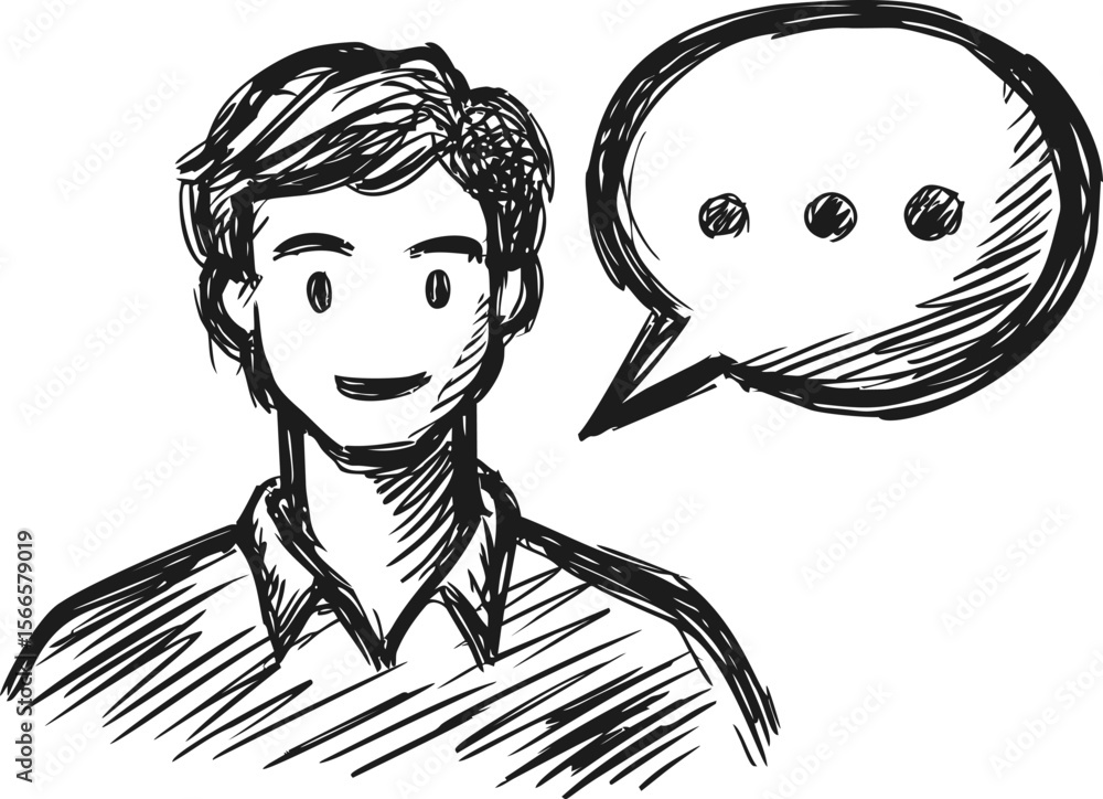 Poster sketch of smiling person with speech bubble indicating communication concept